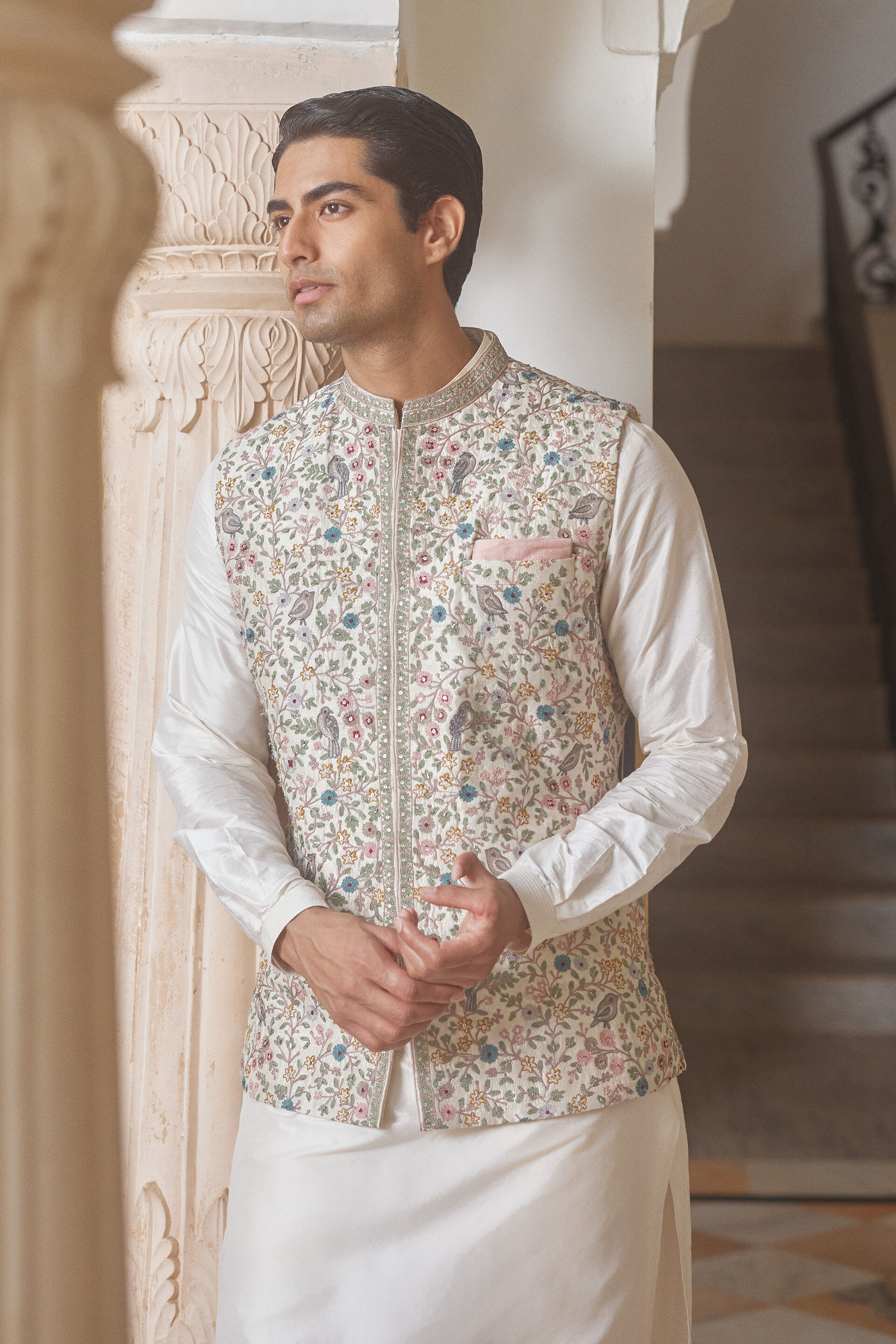 Avir Aari Embroidered Silk Nehru Jacket - Cream, Cream, image 3